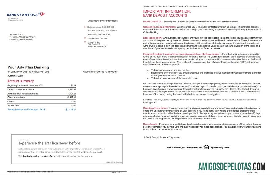 Modelo de extrato bancário do USA Bank Of America para impressão em formato Word e PDF, 6 páginas, versão 2